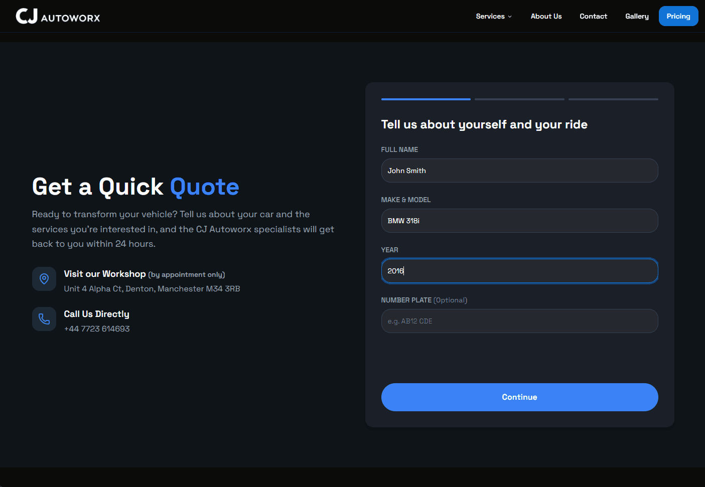 CJ AutoWorx quick quote form on desktop