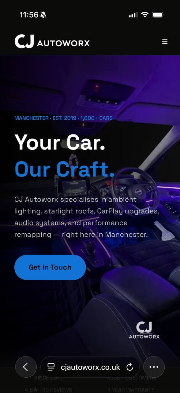 CJ AutoWorx website hero on mobile — Your Car. Our Craft.
