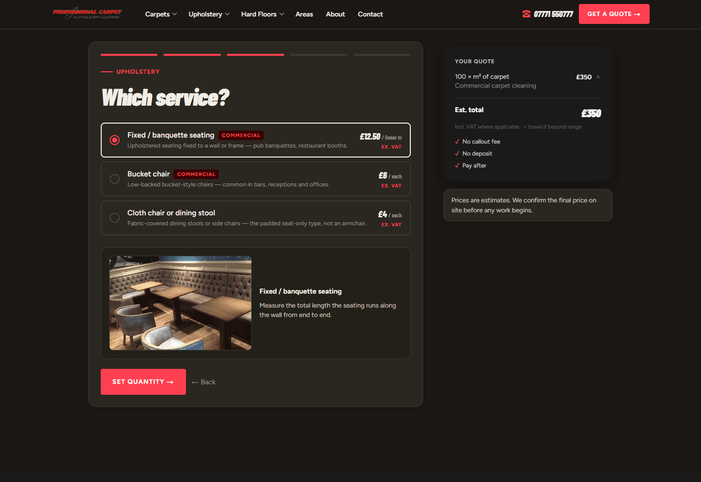 Professional Carpet Cleaners self-serve quote builder